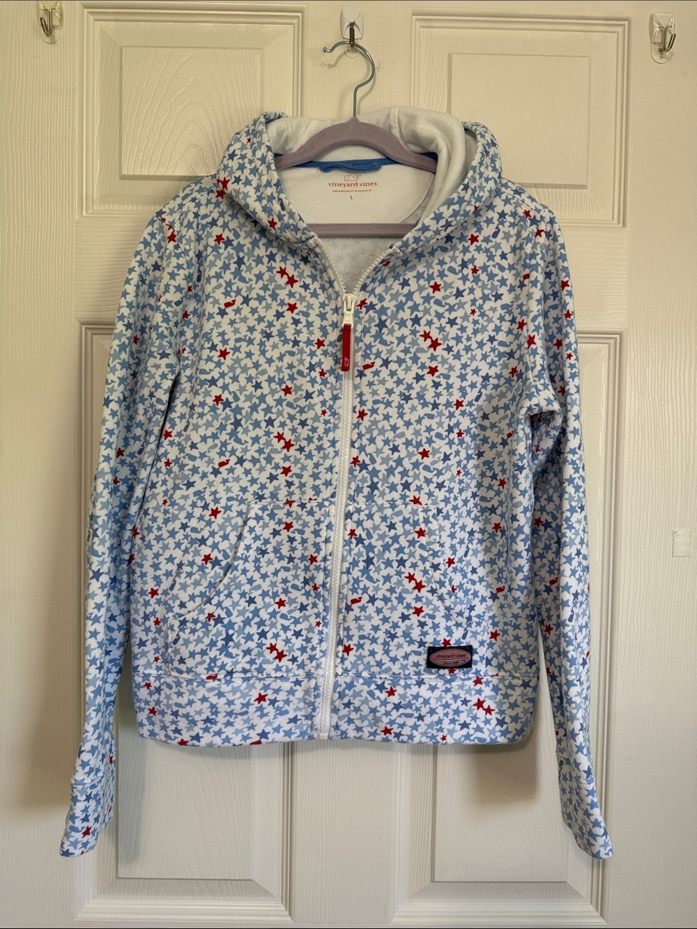 Vineyard Vines Light Blue Star Zip Hoodie with Red Accents